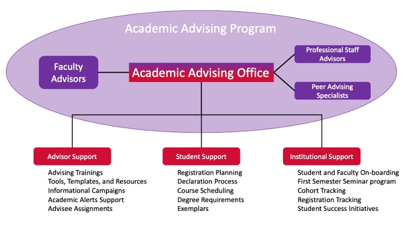 Advising Program Structure at Linfield University including Faculty Advisors, Professional Staff Advisor, and Peer Advising Specialists. The Academic Advising Office supports Advisors, Students, and the Institution.